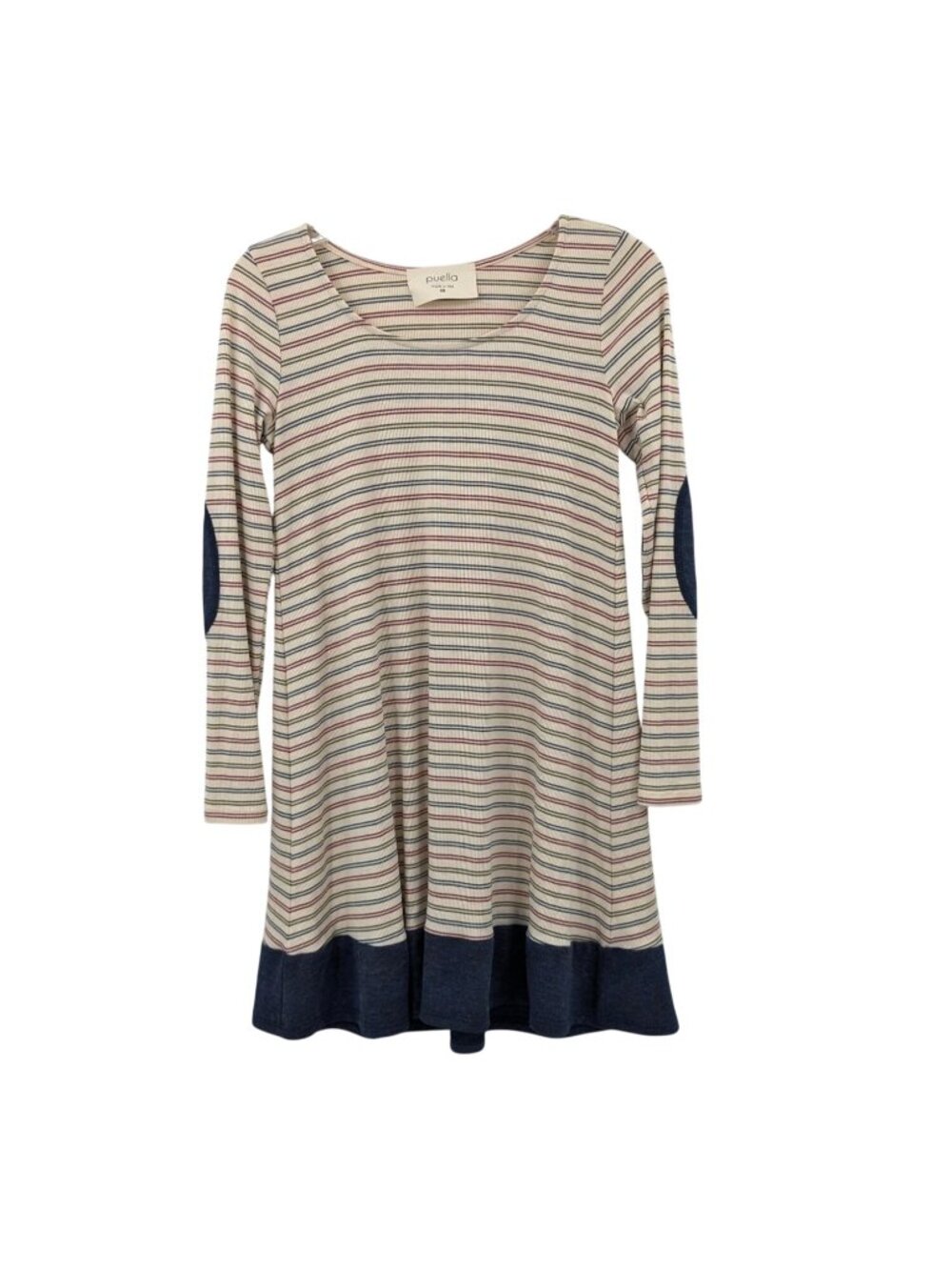 Striped Ribbed Skater Dress Elbow Patch Academia Preppy Stretch USA Made XSmall